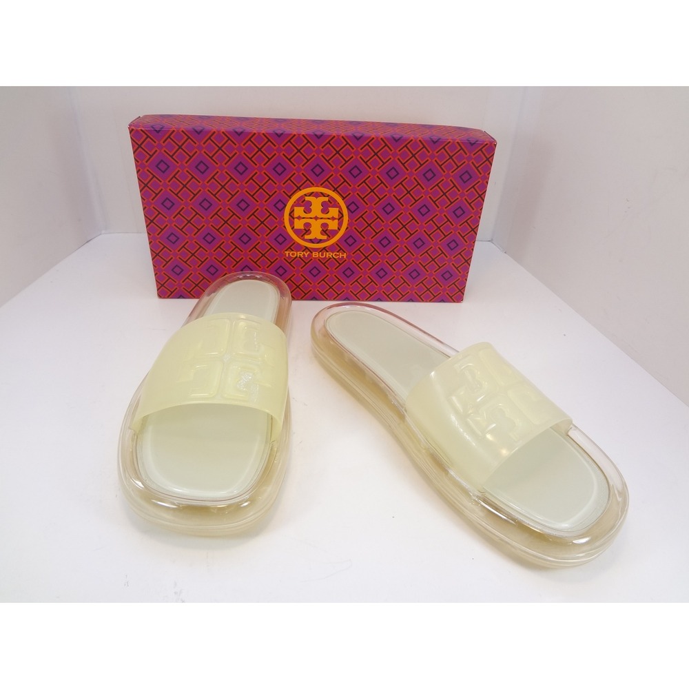 Tory Burch Bubble Jelly Slides Women 10 Ivory Excellent Logo Platform Sandals